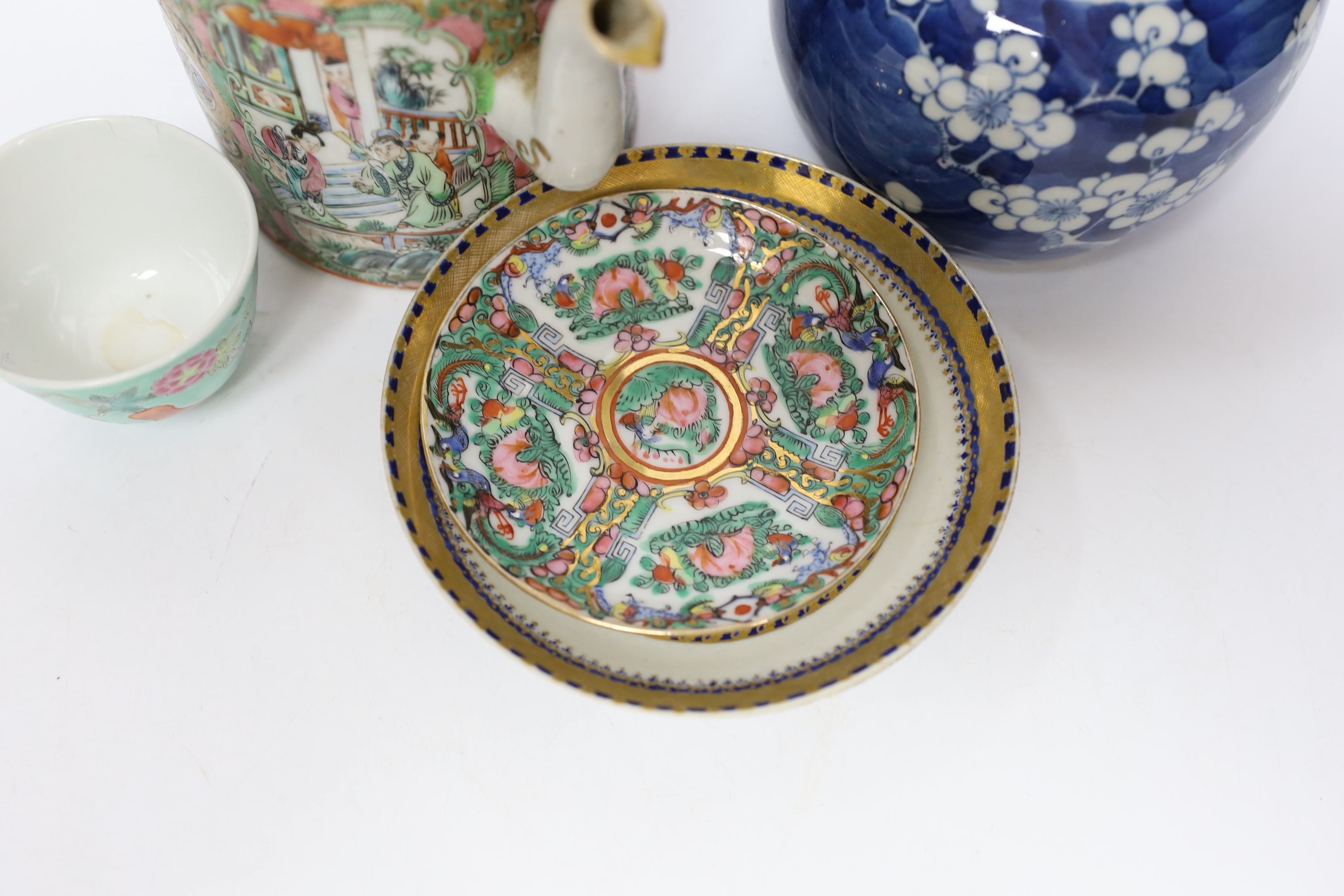 A collection of Chinese ceramics including a blue and white prunus flower jar, a famille rose teapot and a turquoise ground tea bowl, largest 13.5cm high